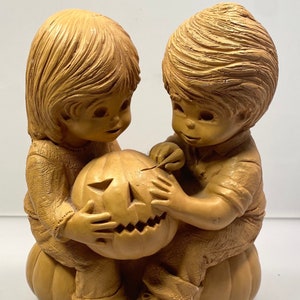 Vintage FannyKins 1980s Bill Mack Figurines, Young Girl & Boy Pumpkin Carving by Bill Mack FannyKins Figurines