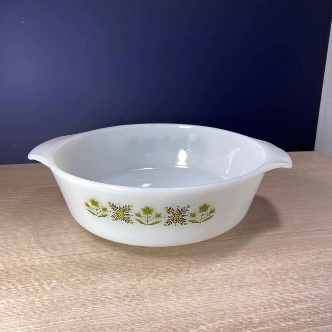 Vintage Fire King Casserole Dish: Forest Green Leaves, Oven Proof