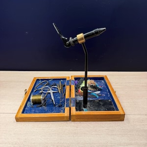 Vintage Wooden Fly Tying Kit with Vise, Tools, and Materials