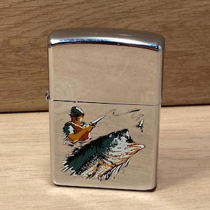 Vintage Zippo Lighter Retro Fishing Scene Zippo, High Polish Chrome, Original Made in U.S.A.