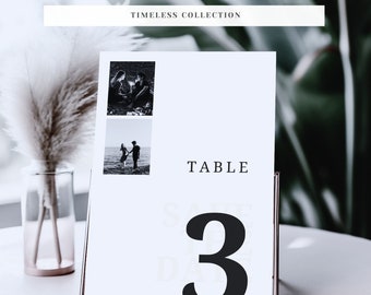 Plantilla de números de mesa verticales, plantilla de tarjeta de mesa de boda, tarjetas de mesa con fotos para boda, recepción de mesa de boda moderna