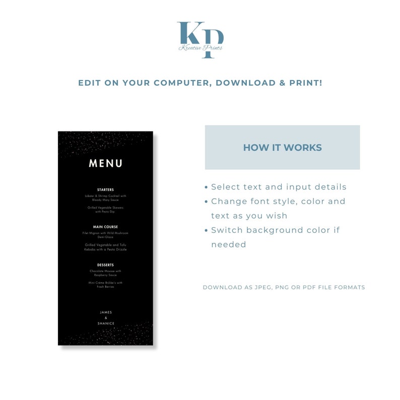 Modern Black Wedding Menu Template, Elegant Black Wedding Menu ...