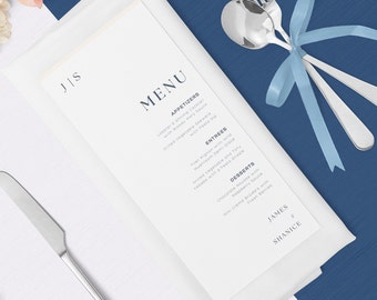 Monogram Wedding Menu Template, Elegant White and Blue Wedding Menu, Printable, Editable, Canva INSTANT Download
