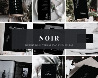 Modern Black Wedding Template Bundle, Elegant Editable Templates, Modern Wedding Stationery, Invitation Set,   Canva, Instant Download
