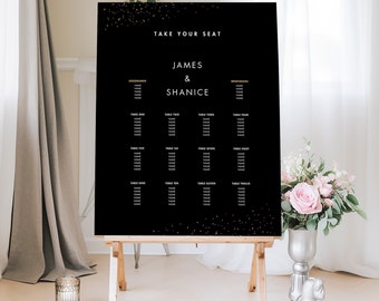 Modern Wedding Seating Chart Template, Elegant Black Wedding Seating Chart, Printable sign, Editable INSTANT Download