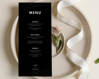 Modern Black Wedding Menu Template, Elegant Black Wedding Menu, Printable, Editable, Canva INSTANT Download