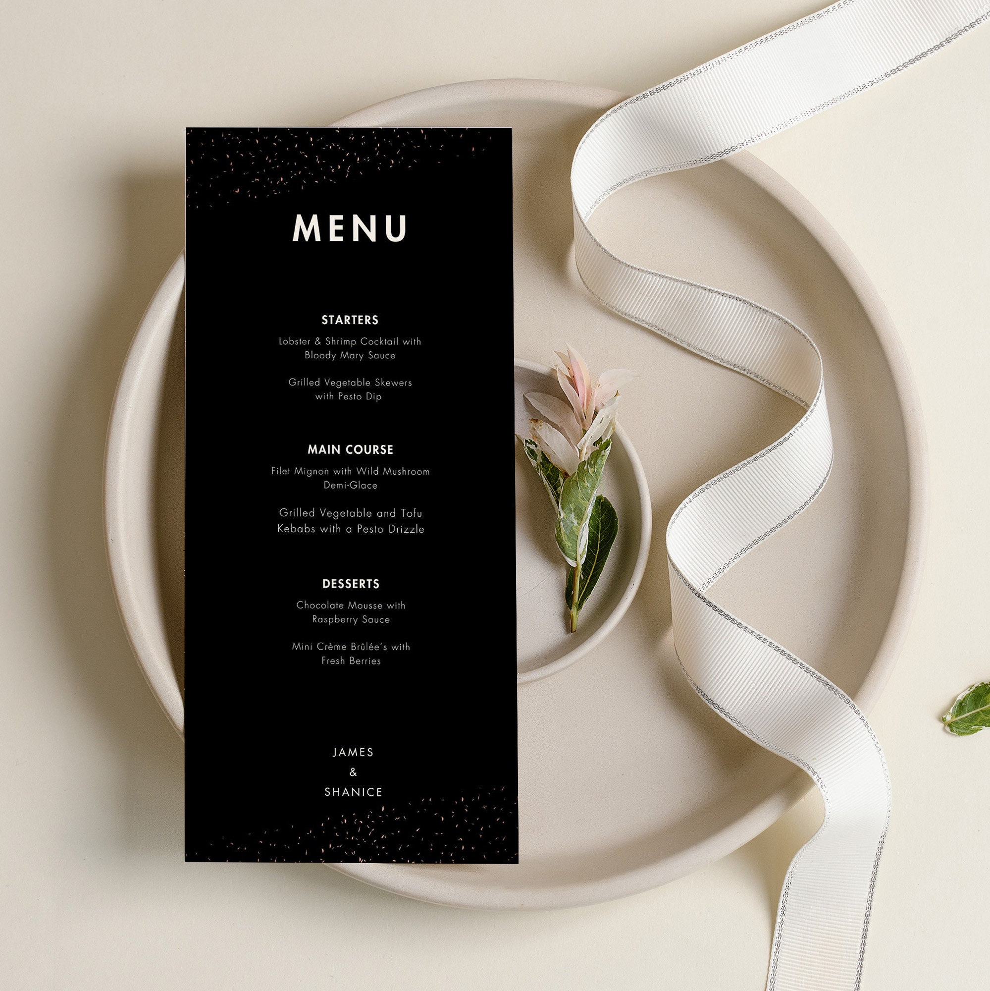 Modern Black Wedding Menu Template, Elegant Black Wedding Menu