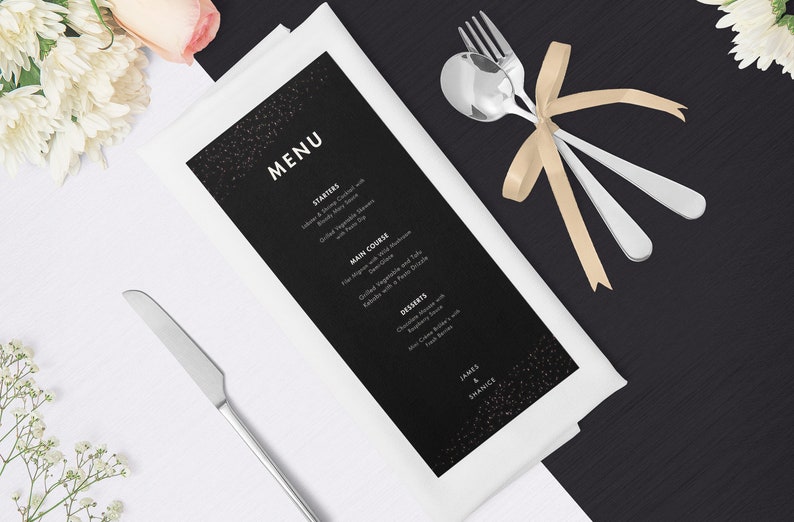 Modern Black Wedding Menu Template, Elegant Black Wedding Menu