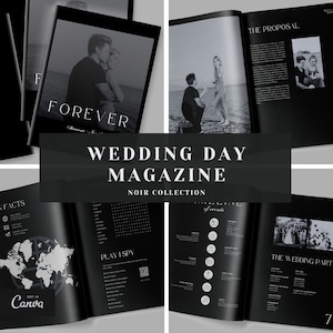 Plantilla de revista Black Wedding Day Canva, plantilla digital del programa de bodas, folleto de bodas imprimible, itinerario de bodas en blanco y negro