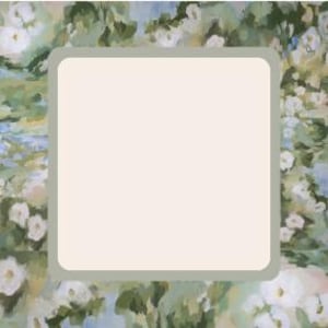 May include: A white square frame with a light green border. The frame is surrounded by a floral pattern with white flowers and green leaves on a light blue background.