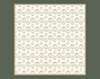 May include: A white mat featuring a repeating pattern of gold wreaths and bows, with green leaves. The mat is framed with a thin gold border and set against a dark green background. The text "CATHERINE CARTIE" is in the upper left corner.