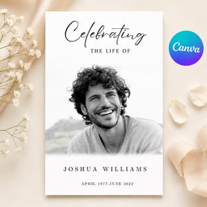 Op de afbeelding: Een herdenkingskaart met een zwart-witfoto van een lachende man. De tekst "Celebrating the Life of" staat boven de foto, met de naam "Joshua Williams" en de data "April 1977-juni 2022" eronder. Een Canva-logo staat rechtsboven.