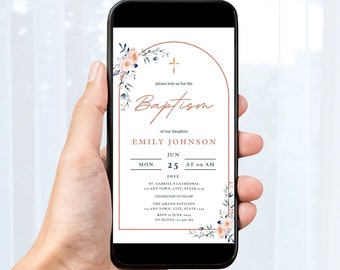 Baptism Invitation Text Template Christening Invitation Rustic Pink Flowers Arch Digital Invite Editable Phone Template INSTANT Download