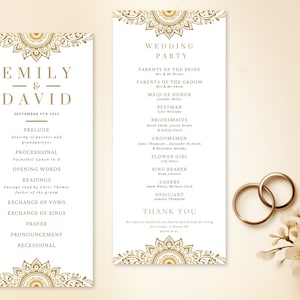 以下が含まれることがあります： 金色のマンダラ模様が施された結婚式プログラム。プログラムには、前奏曲、入場、朗読、誓いの言葉の交換、指輪の交換、祈り、宣告、退場など、イベントの順番が記載されています。また、結婚式に招待された方の名前も記載されています。