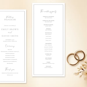 May include: Elegant wedding program and wedding party list with a minimalist design. The program features the names Emily Brown and David Smith, with the date and ceremony details. Two gold wedding rings and white flowers are in the background.