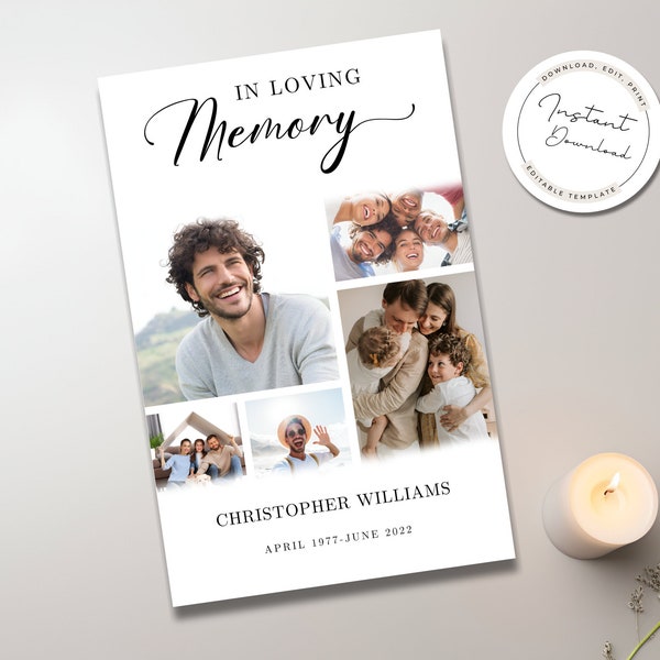Editable Collage Funeral Program Template Minimal Downloadable Memorial Program White and Black Mens Funeral Obituary Celebration of Life