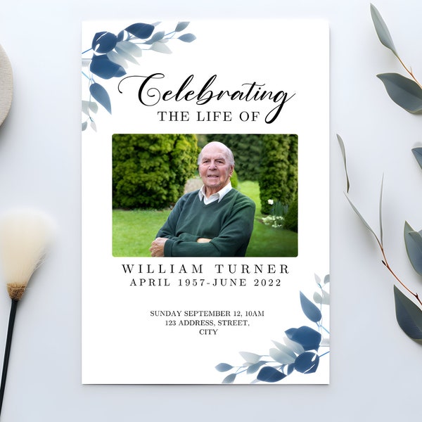 Blue Funeral Program Template Editable Memorial Program Minimal Printable Order of Service Watercolour Obituary Program Template