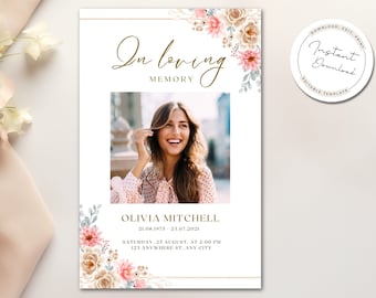 May include: A printable memorial card with a floral design in shades of pink, white, and blue. The card features a photo of a woman smiling, and the text "In Loving Memory", "Olivia Mitchell", "21.08.1973 - 23.07.2021", "Saturday, 23 August, at 2:00 PM", and "123 Anywhere St, Any City".