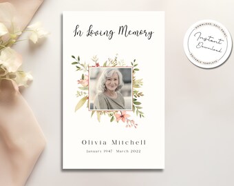 Plantilla de programa funerario editable, celebración de la vida, orden de servicio imprimible, plantilla de obituario minimalista para mujeres