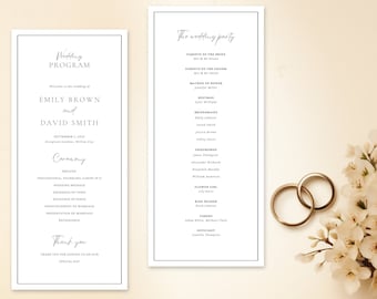 May include: Elegant wedding program and wedding party list with a minimalist design. The program features the names Emily Brown and David Smith, with the date and ceremony details. Two gold wedding rings and white flowers are in the background.