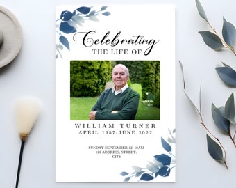 Blue Funeral Program Template Editable Memorial Program Minimal Printable Order of Service Watercolour Obituary Program Template