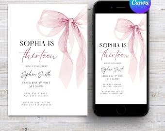 Editable Pink Coquette Bow Invite Digital Template Thirteen Birthday Invitation Minimal Birthday Invitation Template Canva Invite