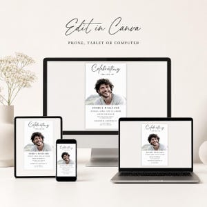 May include: A memorial announcement displayed on a computer monitor, tablet, smartphone, and laptop. The announcement features a photo of a smiling person and the text "Celebrating the Life of Joshua Williams". The text "Edit in Canva" is also visible.
