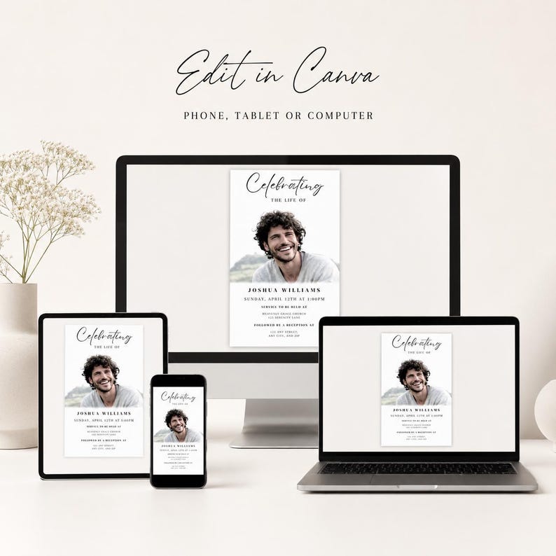May include: A memorial announcement displayed on a computer monitor, tablet, smartphone, and laptop. The announcement features a photo of a smiling person and the text "Celebrating the Life of Joshua Williams". The text "Edit in Canva" is also visible.