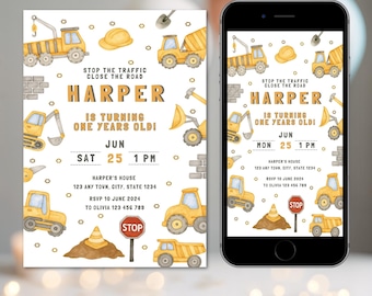 Editable Construction Birthday Invites Printable Template Boys Digger Truck Invite Dump Truck Party Invite Canva Digital Birthday Evite