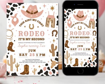 Bewerkbare mijn tweede rodeo-uitnodiging afdrukbare cowgirl verjaardagsuitnodiging digitale Evite Wild West Cowgirl 2e rodeo sjabloon direct downloaden