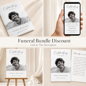 May include: A funeral bundle with a black and white photograph of a smiling person. The words "Celebrating the Life of" and the name "Joshua Williams" are displayed. The text "Funeral Bundle Discount" is also visible in the image.