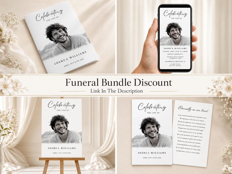 May include: A funeral bundle with a black and white photograph of a smiling person. The words "Celebrating the Life of" and the name "Joshua Williams" are displayed. The text "Funeral Bundle Discount" is also visible in the image.