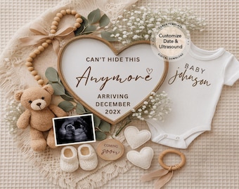 May include: A baby announcement featuring a heart-shaped wooden sign with the text "Can't Hide This Anymore" and "Arriving December 202X." Includes a teddy bear, ultrasound image, baby shoes, and a white onesie with "Baby Johnson" printed on it.