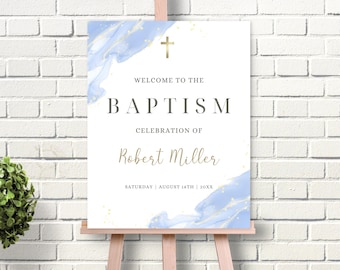 Boy BAPTISM Invitation WELCOME Sign Template Modern First Communion Gold Baptism Welcome Sign Baby Blue Christening Baby Boy Baptism Sign