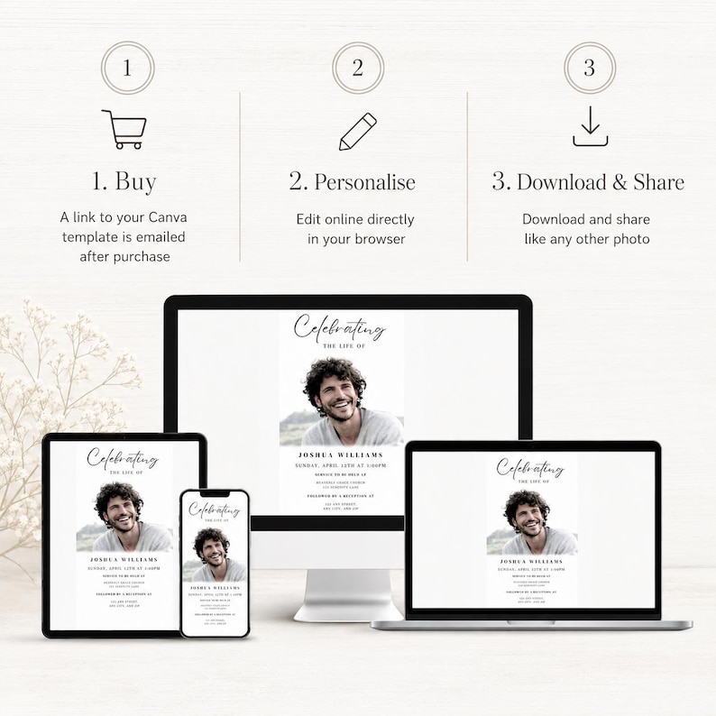May include: A digital memorial template shown on a tablet, phone, computer, and laptop. The template displays a photo of a smiling man and the text "Celebrating the Life of Joshua Williams."