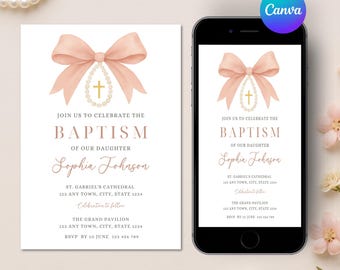 Girl Baptism Digital Invite Template, Girl Pink Baptism Invite, Printable Baptism Invite, Floral Baptism Evite Instant Download, Canva