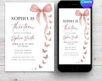 Editable Pink Coquette Bow Invite Digital Template Thirteen Birthday Invitation Pink Coquette Bow Invite Template Canva Invite
