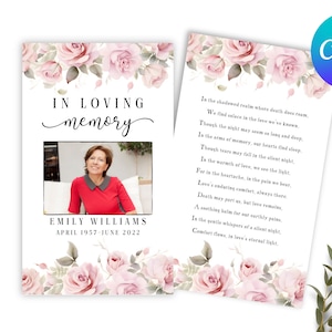 Tarjeta de oración funeraria Pink Blush Descarga digital imprimible elegante plantilla de tarjeta conmemorativa floral en memoria amorosa Celebración del poema de la vida
