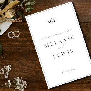 May include: A white wedding program with black text. The program features the initials "M/L" at the top, followed by "Welcome to the wedding of Melanie and Lewis" and the date "June 12th, 2025".