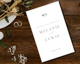 Minimalistische bruiloftsprogrammasjabloon Opvouwbare bruiloftsprogramma Bewerkbare elegante bruiloftsprogramma Gevouwen programma Bruiloft Instant Download Canva