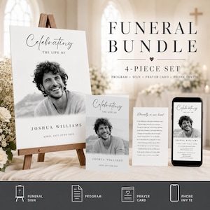May include: A funeral bundle set includes a sign on an easel, a program, a prayer card, and a phone invite. The sign and program feature a black and white photo of a smiling person. The text reads "Celebrating the Life of Joshua Williams."