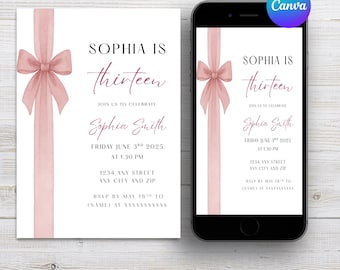 Editable Pink Coquette Bow Invite Digital Template Thirteen Birthday Invitation Pink Coquette Bow Invite Template Canva Invite