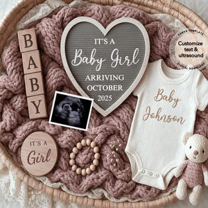 Baby Girl Schwangerschaftansage Digital, Mädchen Babymitteilung, Baby offenbaren, Social Media offenbaren, sofortiger Download Canva Vorlage