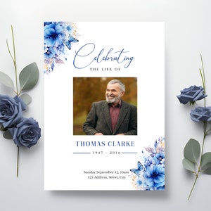 Editable Funeral Program Template Blue Floral Celebration of Life Printable Watercolour Memorial Program For Men Minimal Obituary Program