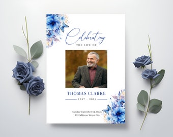Editable Funeral Program Template Blue Floral Celebration of Life Printable Watercolour Memorial Program For Men Minimal Obituary Program
