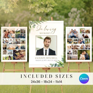 May include: A memorial sign with a photo collage and a portrait of a man. The sign is white with gold accents and green foliage. The text reads "In loving memory" and "Jackson Mitchell, August 21, 1975 - July 23, 2022". The sign is available in three sizes: 24x36, 18x24, and 11x14.