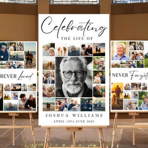 May include: Three black and white photo collage posters with the text "Celebrating the Life of Joshua Williams April 1974-June 2025" in the centre. The left poster says "Forever Loved" and the right poster says "Never Forgotten".