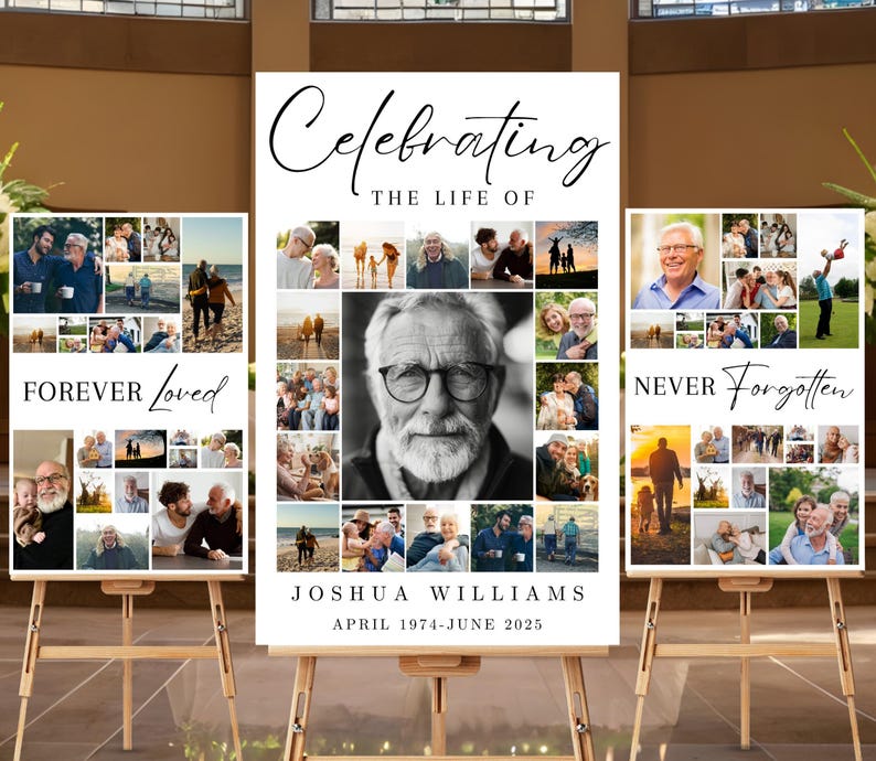 May include: Three black and white photo collage posters with the text "Celebrating the Life of Joshua Williams April 1974-June 2025" in the center. The left poster says "Forever Loved" and the right poster says "Never Forgotten".