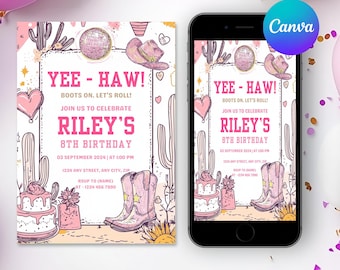 Space Cowgirl Birthday Invitation Printable Pink Disco Cowgirl Birthday Invite Cowgirl Western Editable Birthday Invitation Template Canva