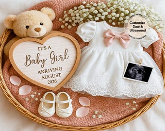Baby Girl Pregnancy Announcement Digital Girl Baby Announcement Baby Reveal Social Media Reveal Instant Download Canva Template